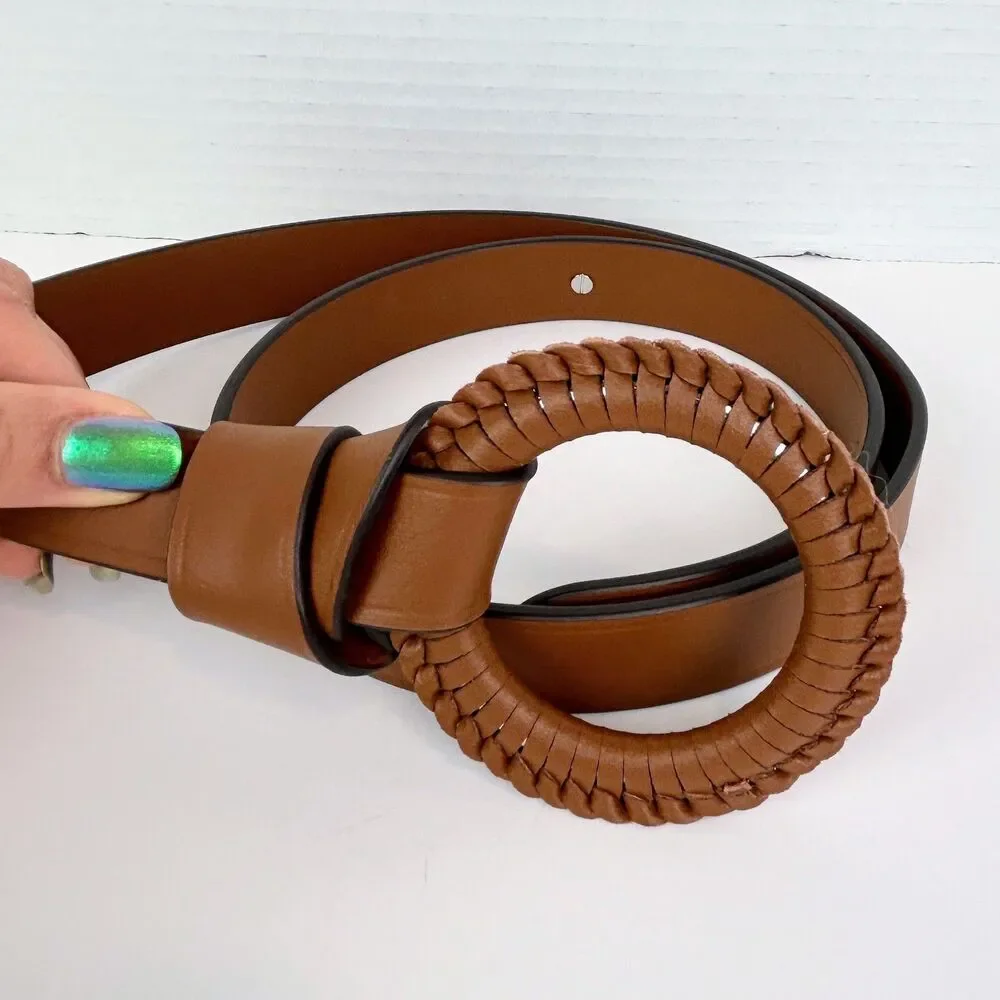 NWOT Ralph Lauren Leather Belt Woven 0-Ring Loop and Knot Boho Brown Tan sz M